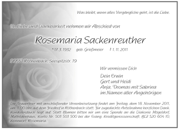 Traueranzeige von Rosemaria Sackenreuther von Pegnitz-Zeitung